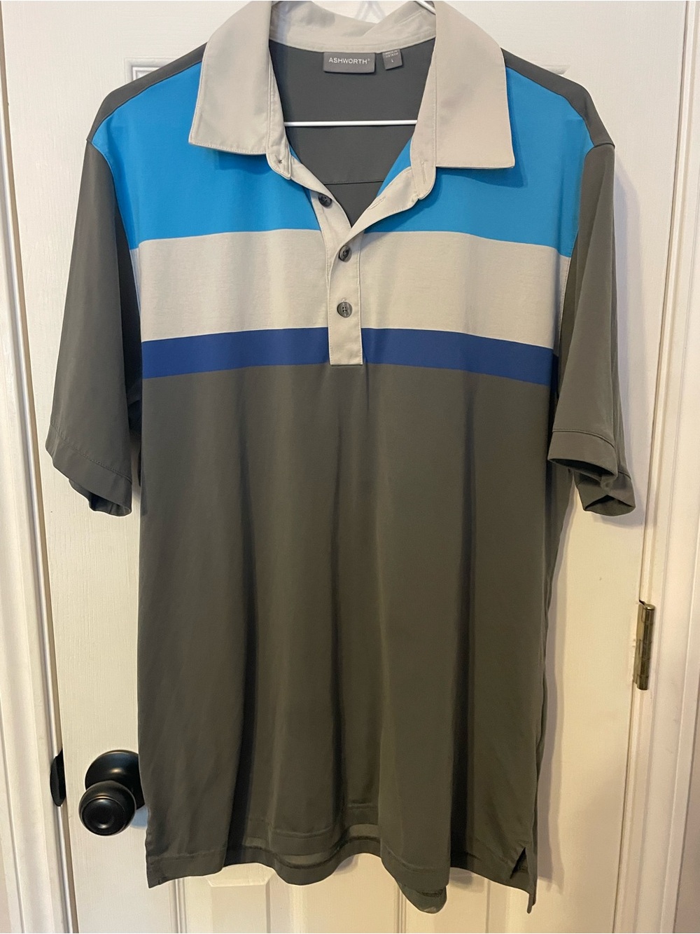 Ashworth Men's Gray Polo with Blue and White Stripes